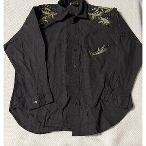 Vintage First Class Black Embroidered Crane Shirt 100% Cotton Made in India Sz M